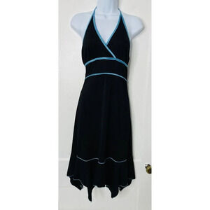 Vtg Byer Too! Halter Dress Sz M Y2K Drop Waist Handkerchief Hem Black Blue Trim